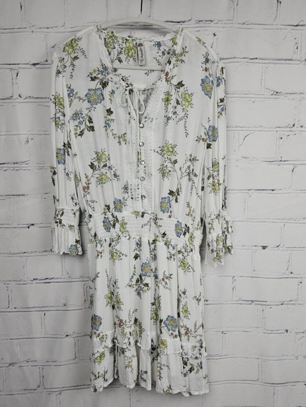 Floral Boho Ruffle Dress Womens L Long Sleeve Cottage American Rag White